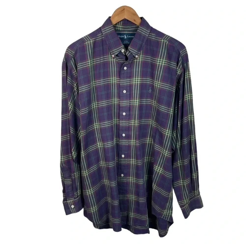 BF978 Vintage Mens Polo Ralph Lauren Blake Plaid Designer Button Down Shirt L